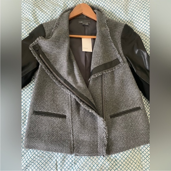 VINCE leather and wool jacket scuba moto tweed jacket gray Black NEW sz SM RARE - Picture 4 of 16